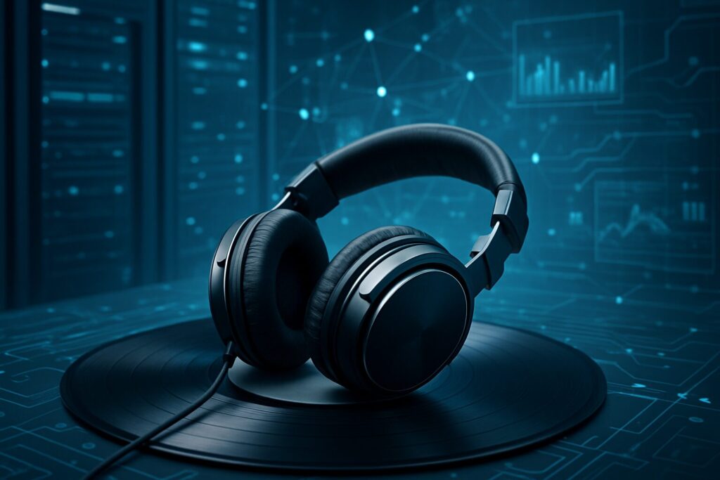 A pair of black headphones resting on a vinyl record with a digital background of data connections and graphs.