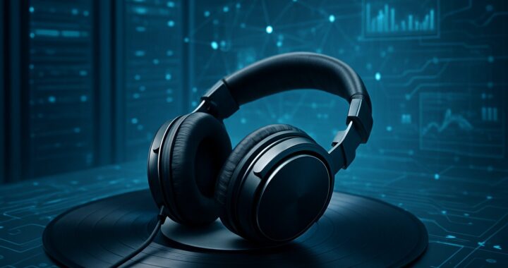 A pair of black headphones resting on a vinyl record with a digital background of data connections and graphs.
