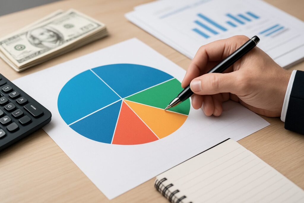 A hand holding a pen over a pie chart with various colored sections, a calculator, and stacks of cash on a wooden surfac