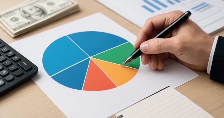 A hand holding a pen over a pie chart with various colored sections, a calculator, and stacks of cash on a wooden surfac